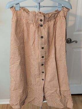 Everlane Tan Gingham Button-Front Midi Skirt